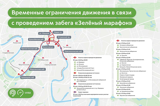 Ряд центральных улиц и набережных в Москве будет закрыт для проезда транспорта 30 мая